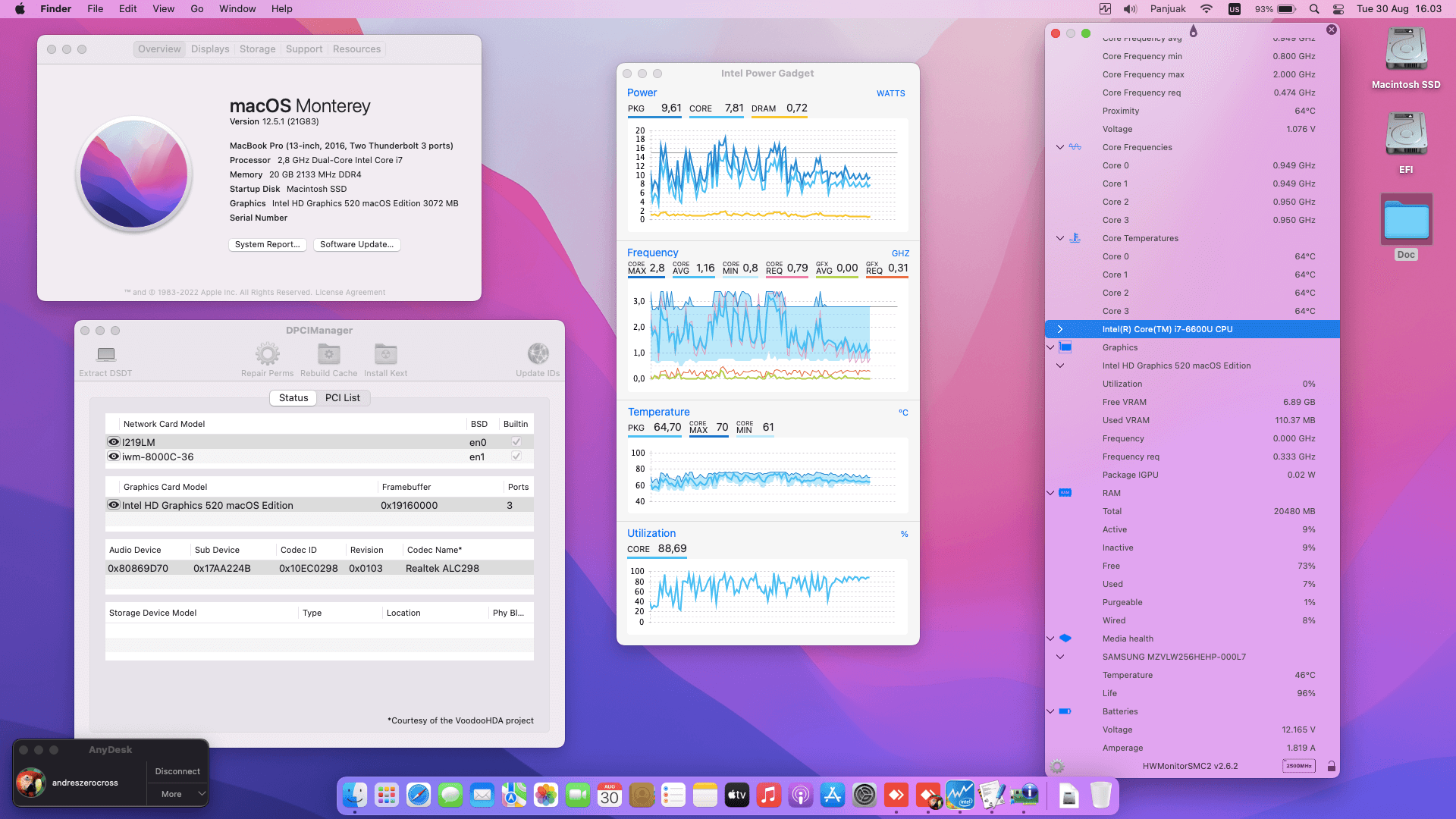 Success Hackintosh macOS Monterey 12.5.1 Build 21G83 in Lenovo Thinkpad T470S